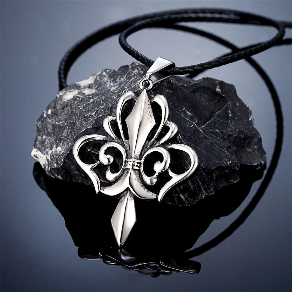 Vintage Medieval Norse Rune Fleur-de-lis Necklaces Men Stainless Steel Viking Cross Amulet Pendant Charm Original Design Jewelry