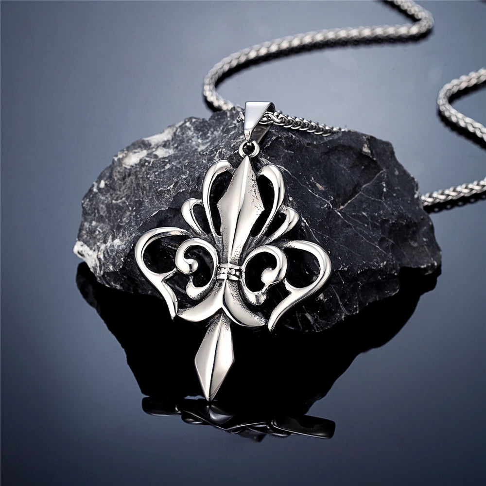 Vintage Medieval Norse Rune Fleur-de-lis Necklaces Men Stainless Steel Viking Cross Amulet Pendant Charm Original Design Jewelry